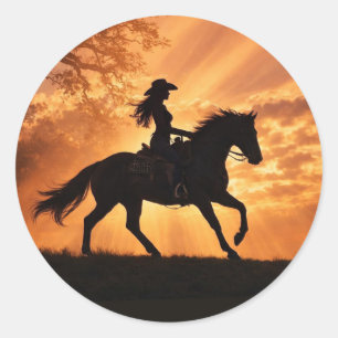 Cowgirl and Horse Sunset Country Western Classic Round Sticker