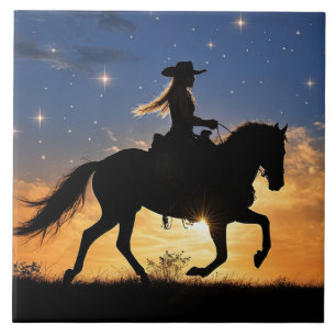 Cowgirl and Horse Sunset Fantasy Country Western Tile