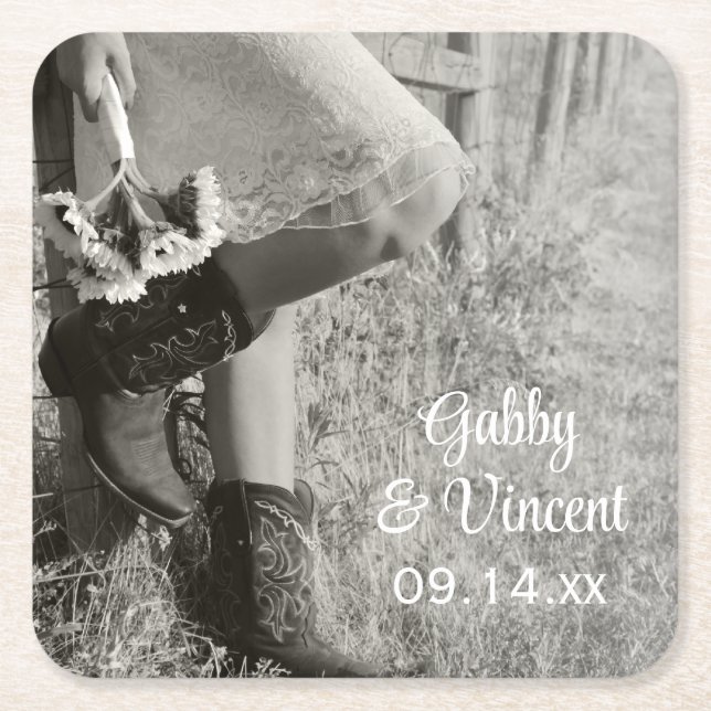 Cowgirl and Sunflowers Country  Wedding Square Paper Coaster (Front)