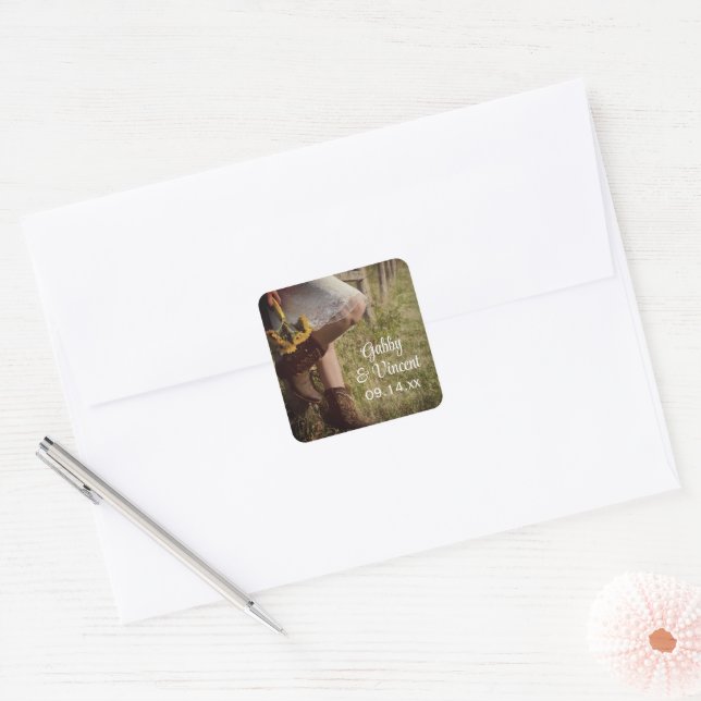 Cowgirl and Sunflowers Country Western Wedding Square Sticker (Envelope)