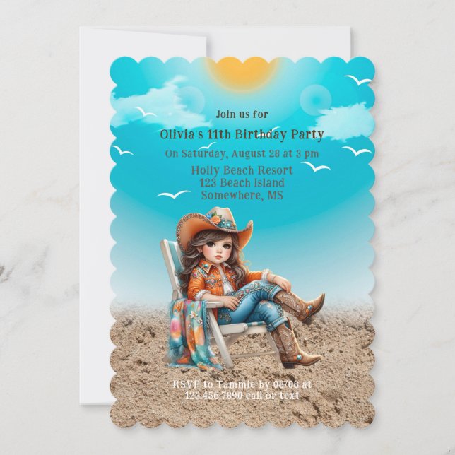 Cowgirl at the Beach Birthday Party Invitation (Front)