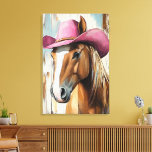 Cowgirl Attitude: Hot Pink Hat Horse Rustic Charm Canvas Print
