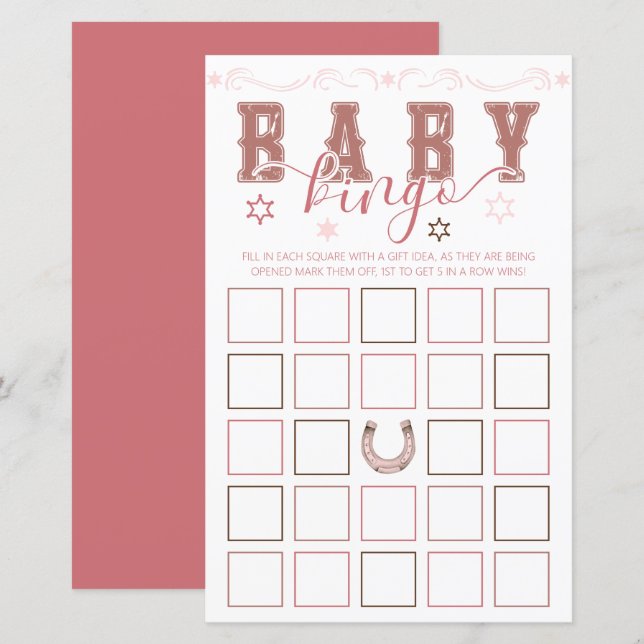 Cowgirl Baby Shower Bingo Game – Saddle Up Style (Front/Back)