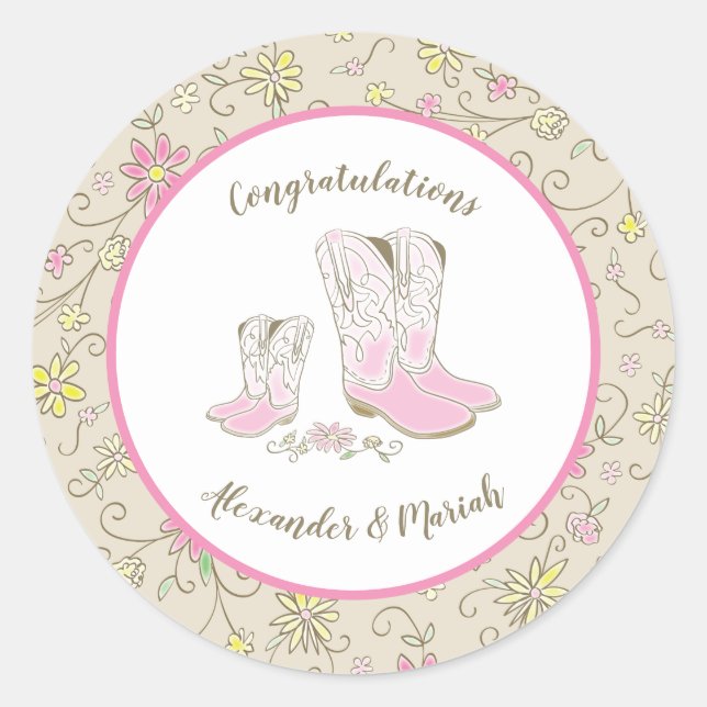 Cowgirl Baby Shower Country Western Pink Girl Classic Round Sticker (Front)