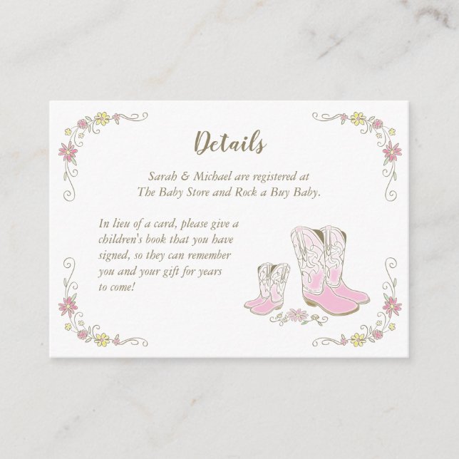 Cowgirl Baby Shower Country Western Pink Girl Enclosure Card (Front)