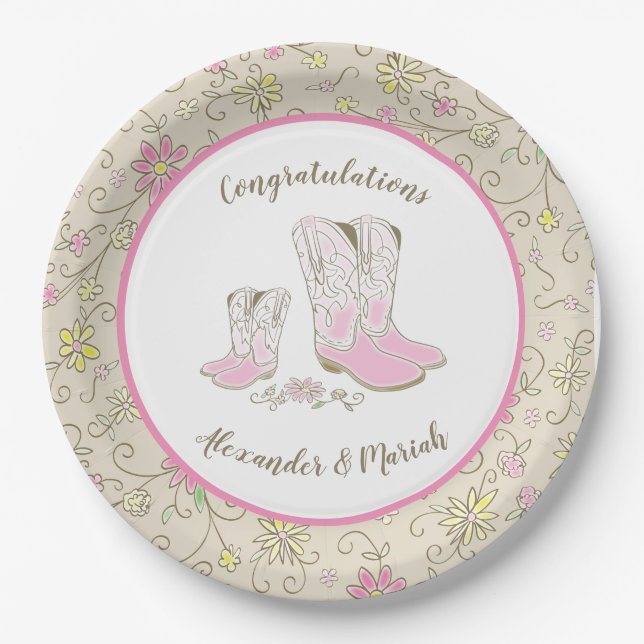 Cowgirl Baby Shower Country Western Pink Girl Paper Plate (Front)