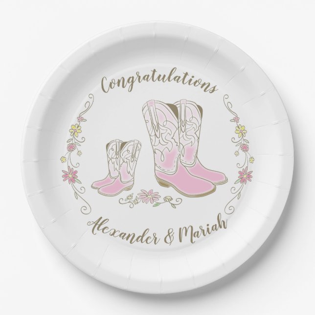 Cowgirl Baby Shower Country Western Pink Girl Paper Plate (Front)