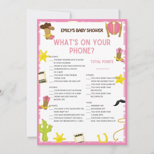 Cowgirl Baby Shower Game - Editable Name, 5x7 size Invitation (Front)