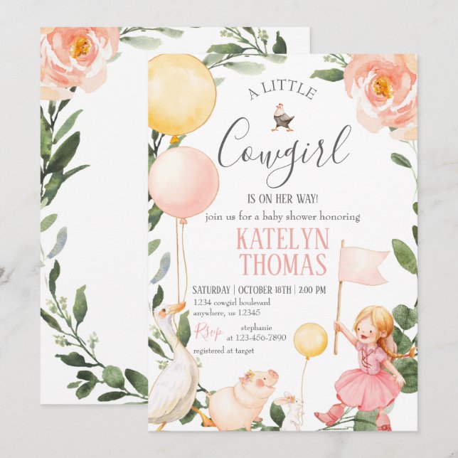 Cowgirl Baby Shower Invitation with Greenery (Front/Back)