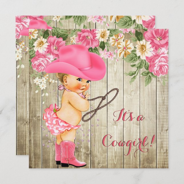 Cowgirl Baby Shower Pink Boots Floral Blonde Baby Invitation (Front/Back)