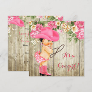 Cowgirl Baby Shower Pink Boots Floral Brunette Invitation