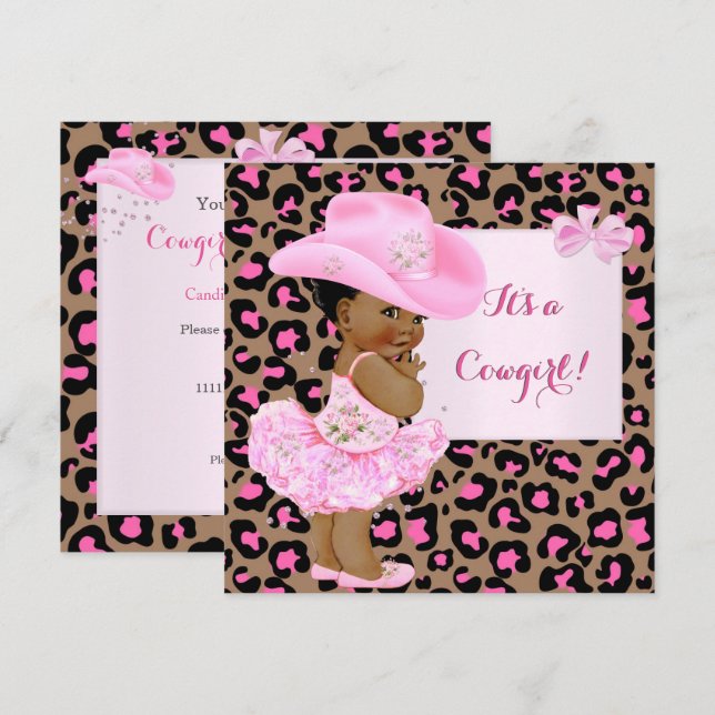 Cowgirl Baby Shower Pink Leopard Girl Ethnic Invitation (Front/Back)