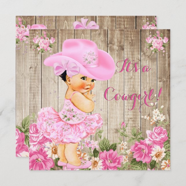 Cowgirl Baby Shower Pink Rustic Wood Girl Brunette Invitation (Front/Back)