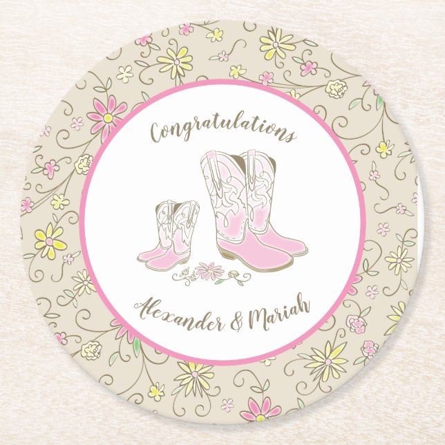 Cowgirl Baby Shower Round Paper Coaster (Front)