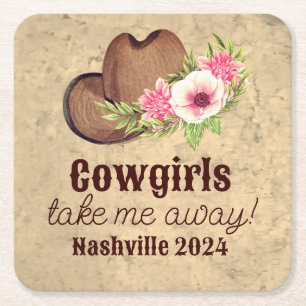 Cowgirl Bachelorette Favour Rustic Pink Floral Square Paper Coaster