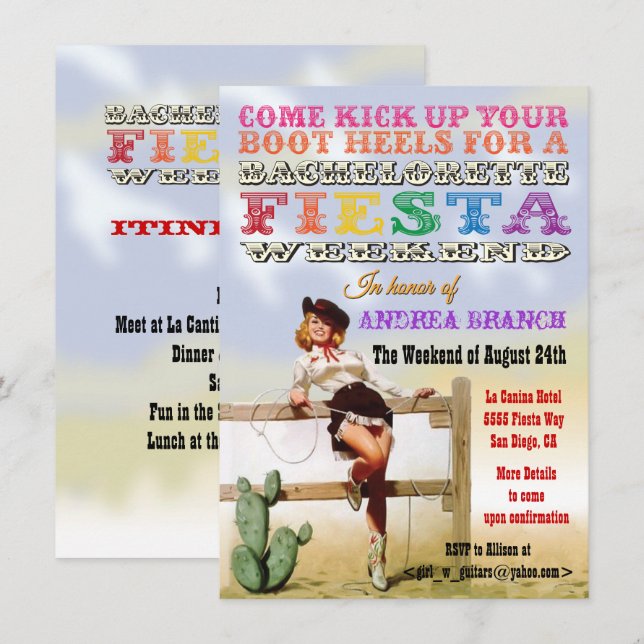 Cowgirl Bachelorette Fiesta Weekend Invitations (Front/Back)