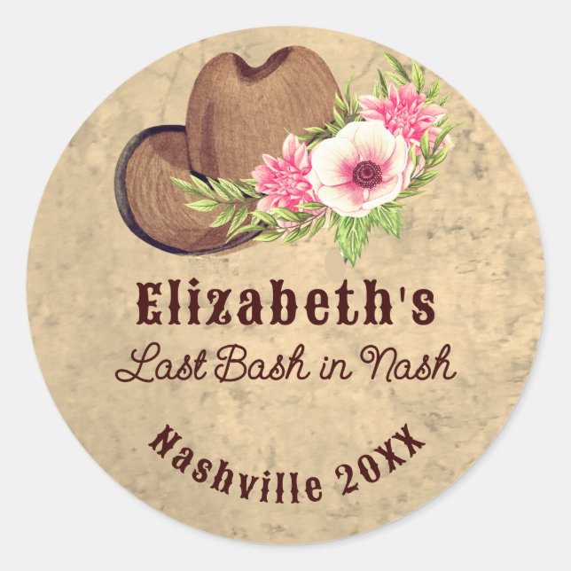 Cowgirl Bachelorette Last Bash Rustic Pink Floral  Classic Round Sticker (Front)