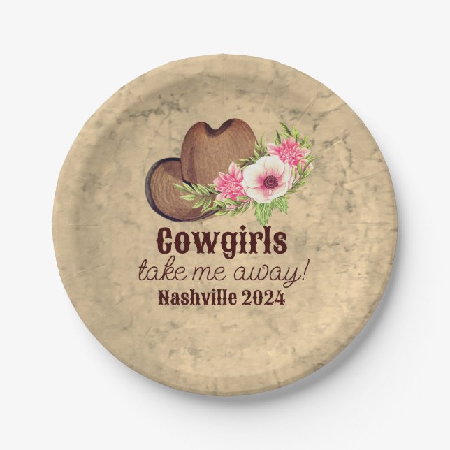 Cowgirl Bachelorette Rustic Pink Floral  Paper Plate (Front)