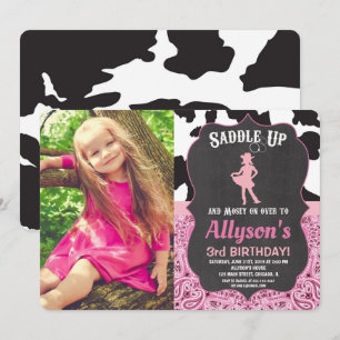 Cowgirl birthday bandanna cow print photo invitation