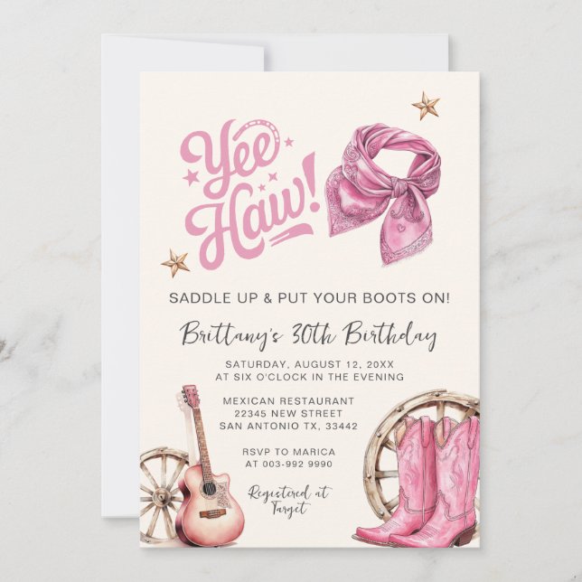 Cowgirl Birthday Boots & Bows 30th Birthday  Invitation (Front)