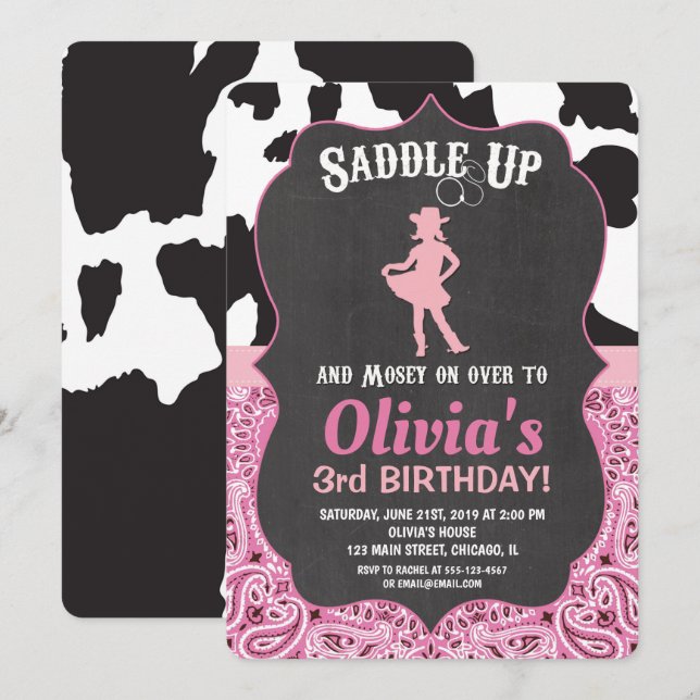 Cowgirl birthday invitation bandanna cow print (Front/Back)