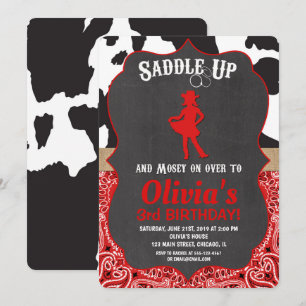 Cowgirl birthday invitation black red cow print