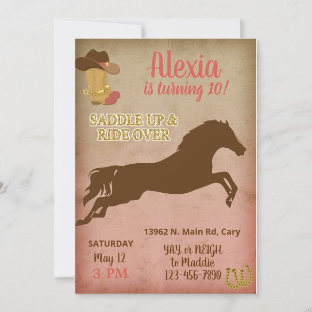 Cowgirl birthday invitation, horse girl invite. invitation (Front)