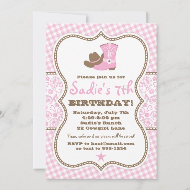 Cowgirl Birthday Invitation, Pink Brown Paisley Invitation (Front)