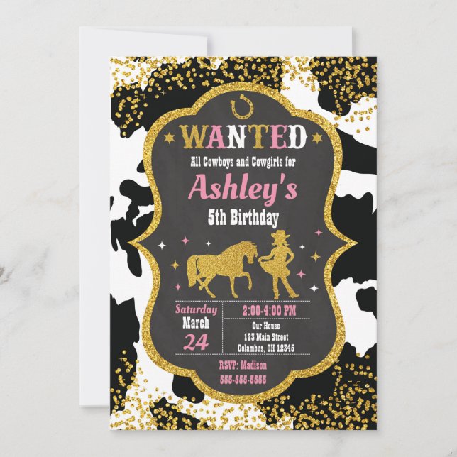 Cowgirl Birthday Invitation / Western / Glitter (Front)