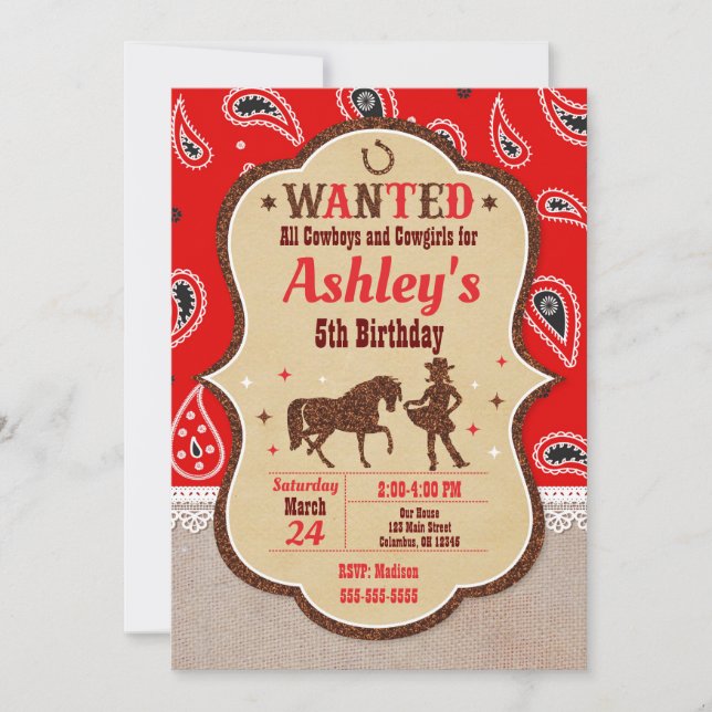 Cowgirl Birthday Invitation / Western / Glitter (Front)