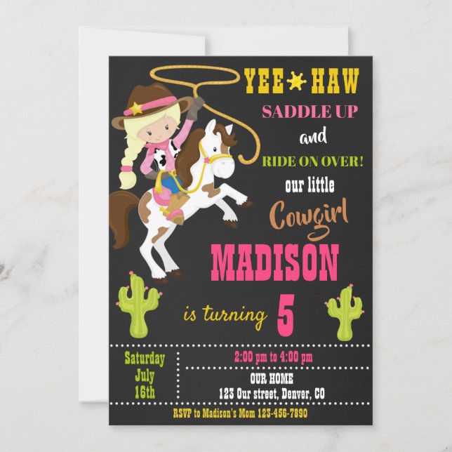 Cowgirl birthday invitation Wild west rodeo party (Front)
