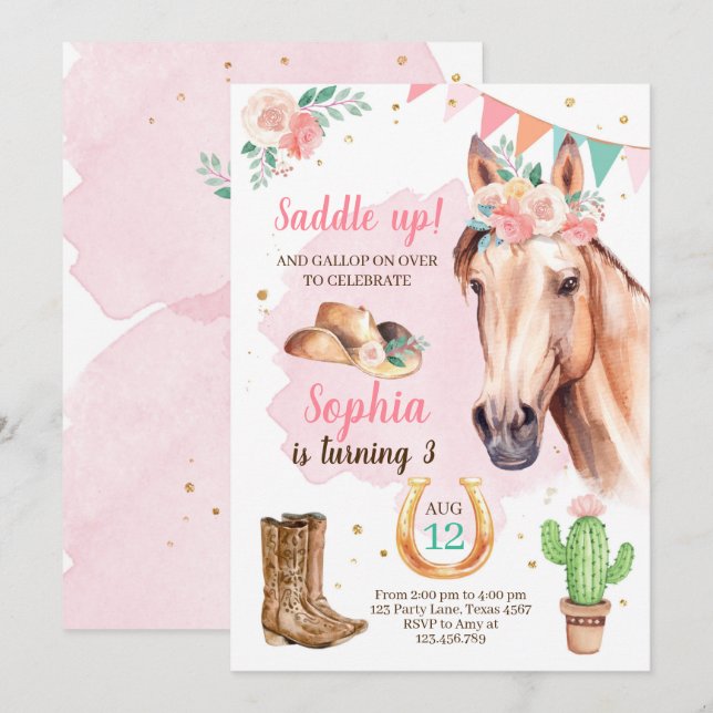 Cowgirl Birthday Invite Girl Horse Pink Watercolor (Front/Back)