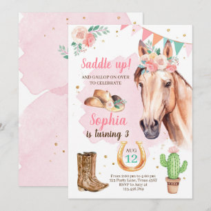 Cowgirl Birthday Invite Girl Horse Pink Watercolor