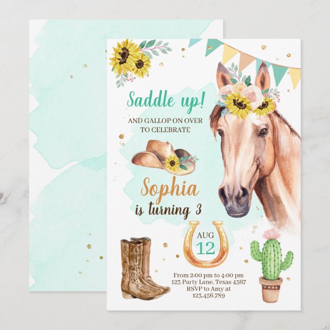 Cowgirl Birthday Invite Girl Horse Sunflowers Blue (Front/Back)