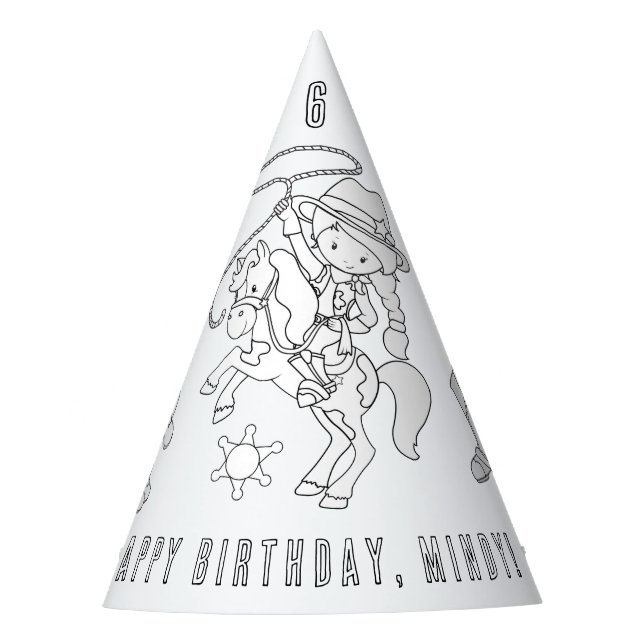 Cowgirl Birthday Party - Colour Your Own Party Hat (Front)