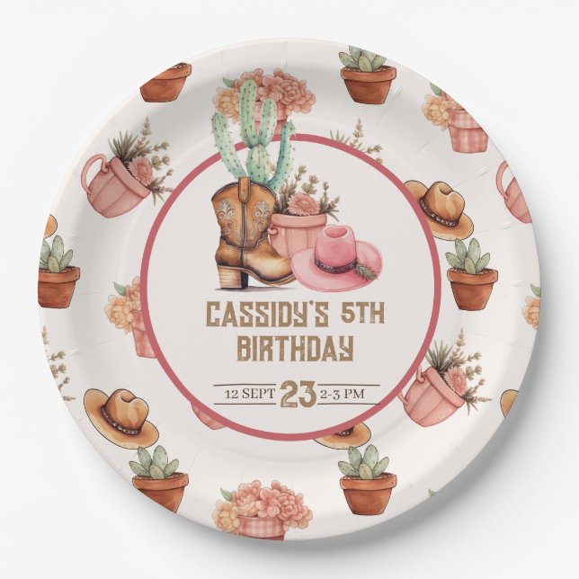 Cowgirl Birthday theme Party Wildwest Western Paper Plate (Front)