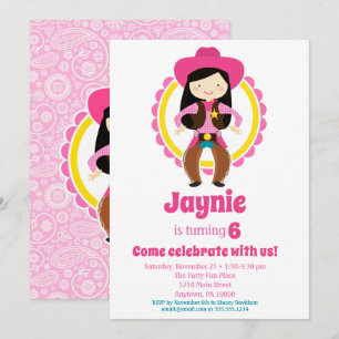 Cowgirl - Black Hair Cowgirl Birthday Party Invitation