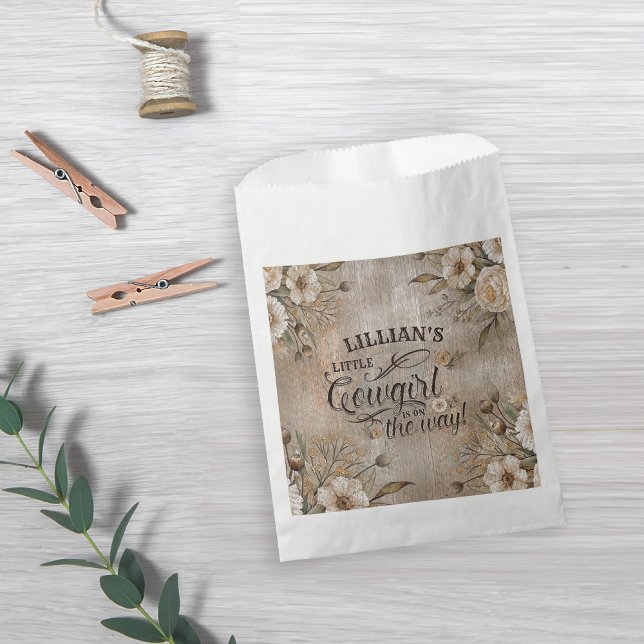 Cowgirl Boho Floral Western Script Favour Bags (A little cowgirl is on the way vintage boho western baby shower favor bag)