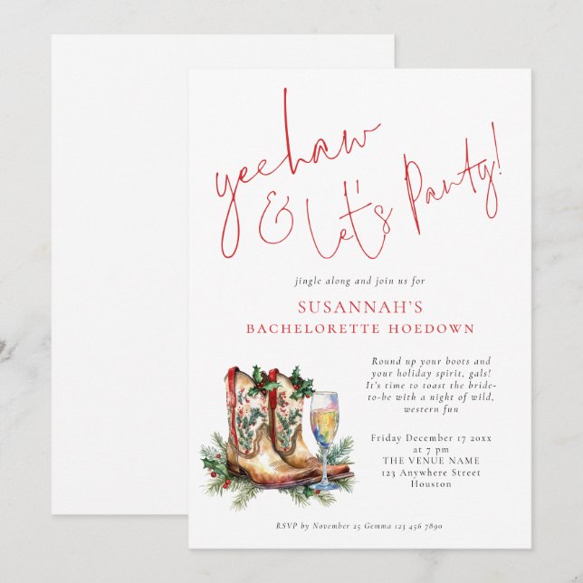 Cowgirl Boots Bubbly Christmas Bachelorette Party Invitation (Front/Back)