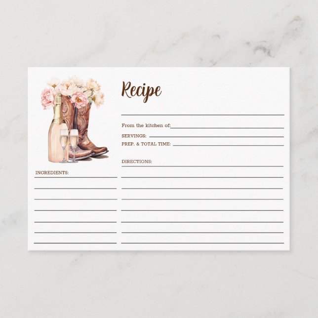 Cowgirl Boots Country Peonies Bridal Shower RECIPE Enclosure Card (Front)