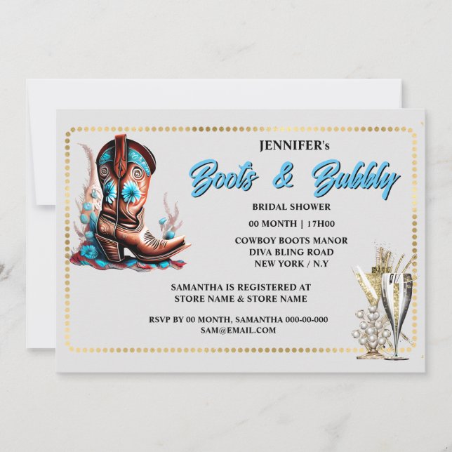 Cowgirl boots glass bubbly floral gold frame chic invitation (Front)
