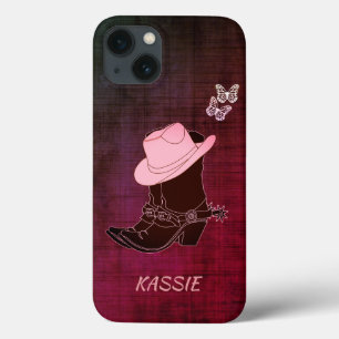 Cowgirl Boots Hat Butterfly Burgundy Personalised iPhone 13 Case