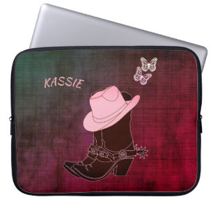 Cowgirl Boots Hat Butterfly Burgundy Personalised Laptop Sleeve