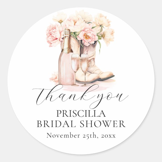 Cowgirl Boots Peonies Blush Pink BRIDAL SHOWER Classic Round Sticker (Front)