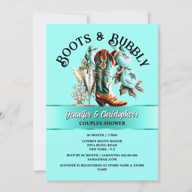 Cowgirl boots peony aqua teal floral bubbly glam invitation (Front)