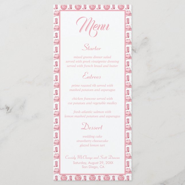 Cowgirl Boots Pink Western Wedding Menu (Front)
