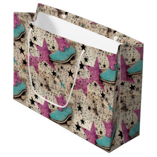 Cowgirl Boots Star Studded Retro Pattern Large Gift Bag