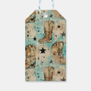 Cowgirl Boots Stars Brown Blue Retro Pattern Gift Tags