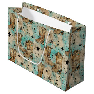 Cowgirl Boots Stars Brown Blue Retro Pattern Large Gift Bag