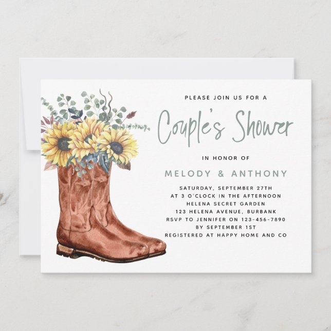 Cowgirl Boots Sunflower Eucalyptus Couple's Shower Invitation (Front)